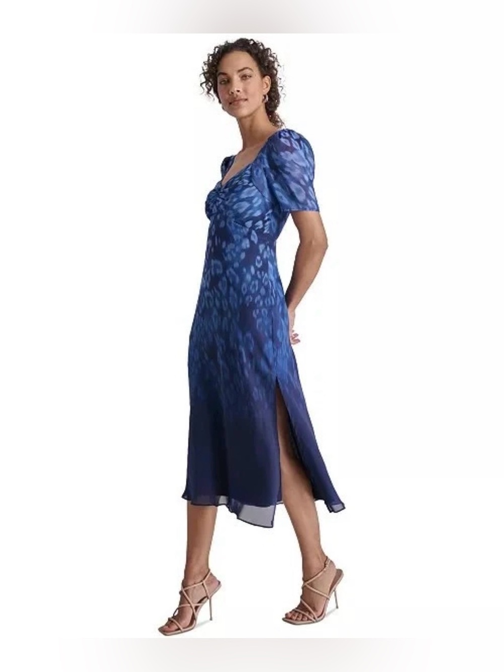 DKNY Blue Animal Print Sweetheart Neck Puff Sleeve Midi Dress Lined Slit Sz 6